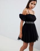 Asos Design Puff Sleeve Dobby Mini Dress With Embellished Trim - Black