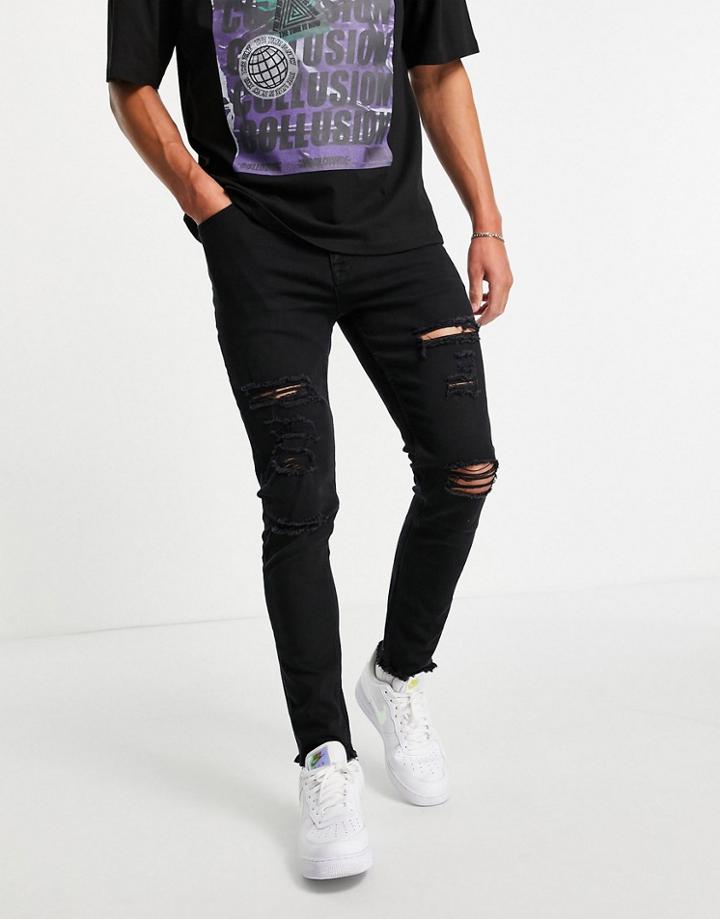 Asos Design Skinny Jeans In Black With Heavy Rips And Raw Hem