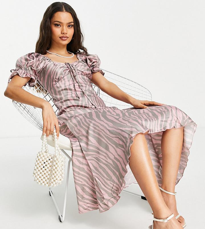 Asos Design Petite Satin Midi Tea Dress With Tie Front In Pink Zebra Print-multi