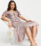 Asos Design Petite Satin Midi Tea Dress With Tie Front In Pink Zebra Print-multi