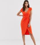 City Goddess Tall Bardot Wrap Over Pencil Midi Dress-orange
