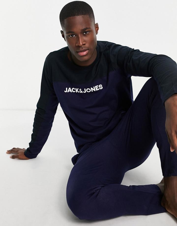 Jack & Jones Lounge Long Sleeve Top & Bottoms With Color Block In Navy & Dark Gray-grey
