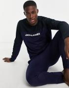 Jack & Jones Lounge Long Sleeve Top & Bottoms With Color Block In Navy & Dark Gray-grey
