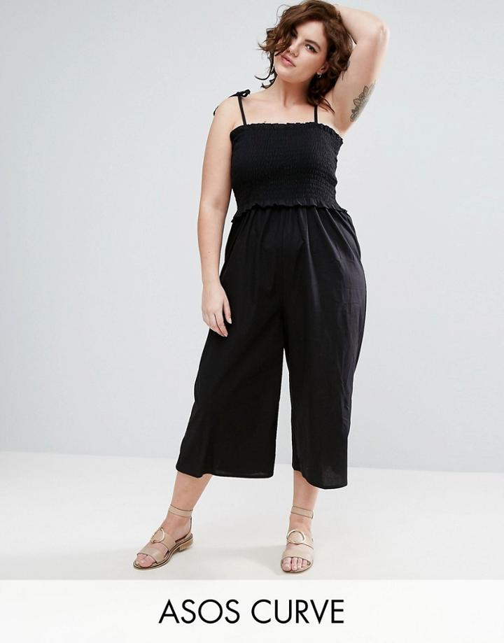 Asos Curve Jumpsuit In Cotton With Shirred Bodice - Black