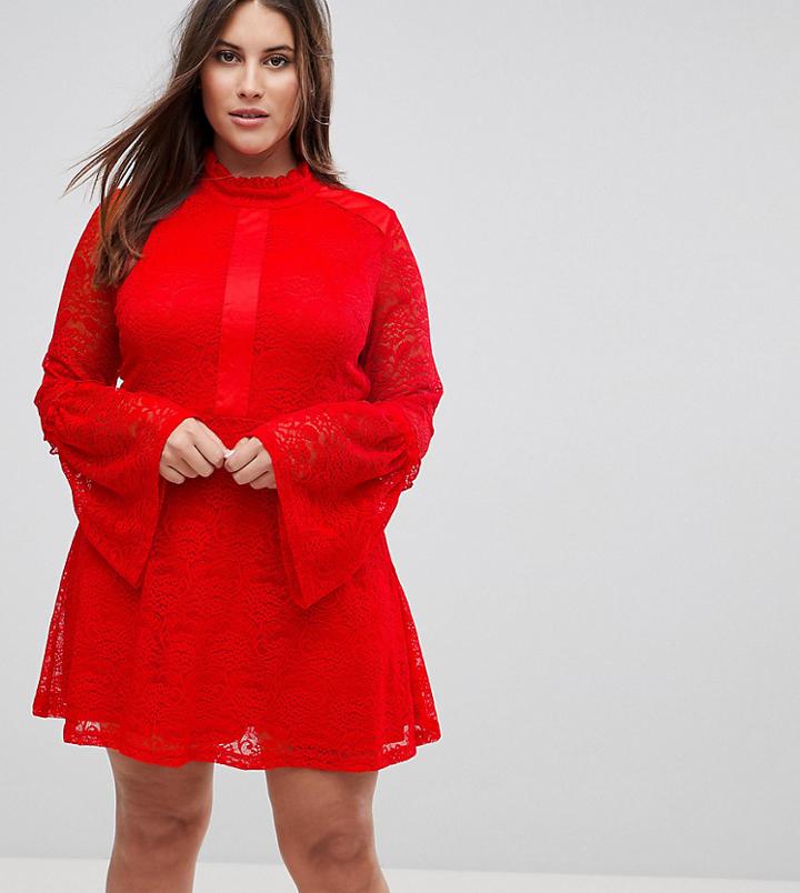 Rage Plus Long Sleeve Lace Skater Dress - Red