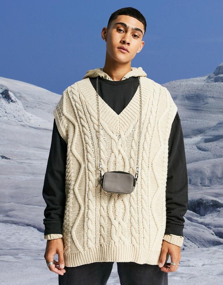 Asos Design Oversized Heavyweight Cable Knit V-neck Tank In Ecru-white