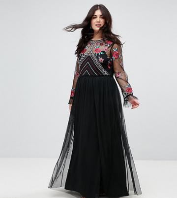Frock And Frill Plus Premium Embroidered High Neck Long Sleeve Maxi Dress - Black