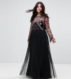 Frock And Frill Plus Premium Embroidered High Neck Long Sleeve Maxi Dress - Black
