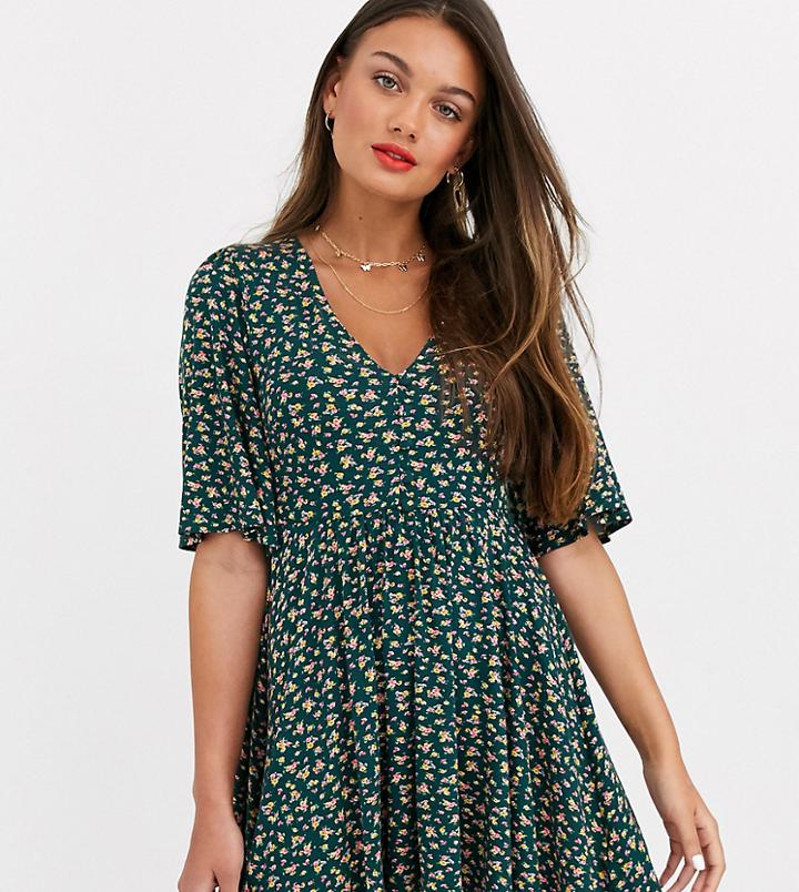Asos Design Petite Floral Mini Button Front Swing Dress-green