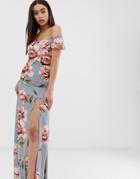 Club L Bardot Ruffle Sleeve Maxi Dress In Floral Print - Blue