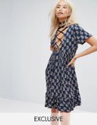 Milk It Vintage Ribbon Lace Up Smock Festival Dress In Paisley - Blue