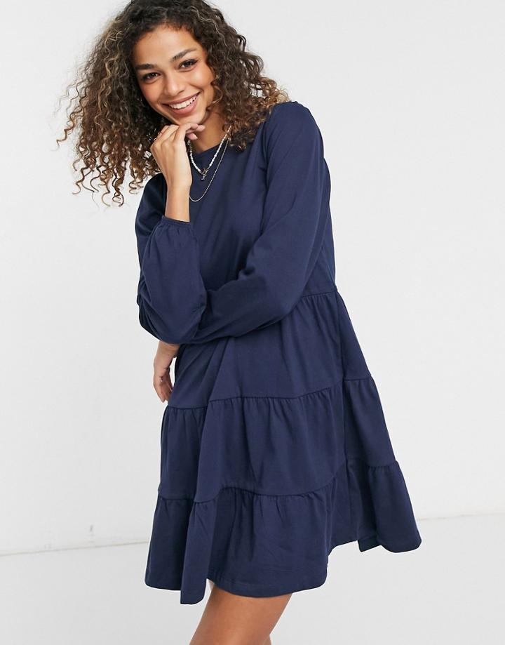 Asos Design Smock Mini Dress With Tiered Hem With Long Sleeves In Navy