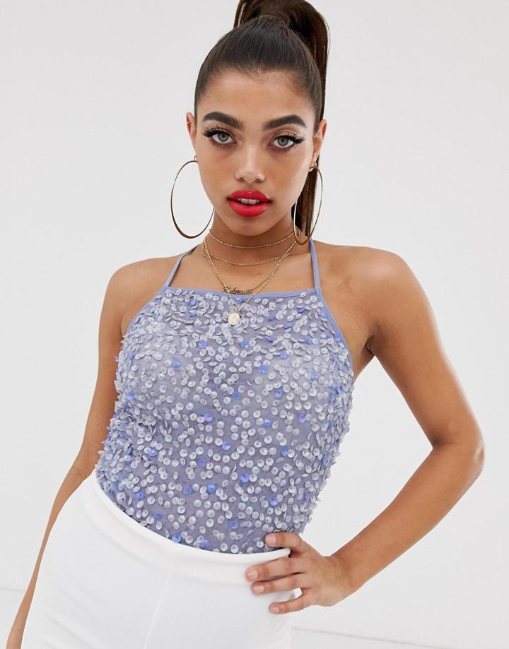 Asos Design Square Neck Scatter Sequin Cami Body - Blue