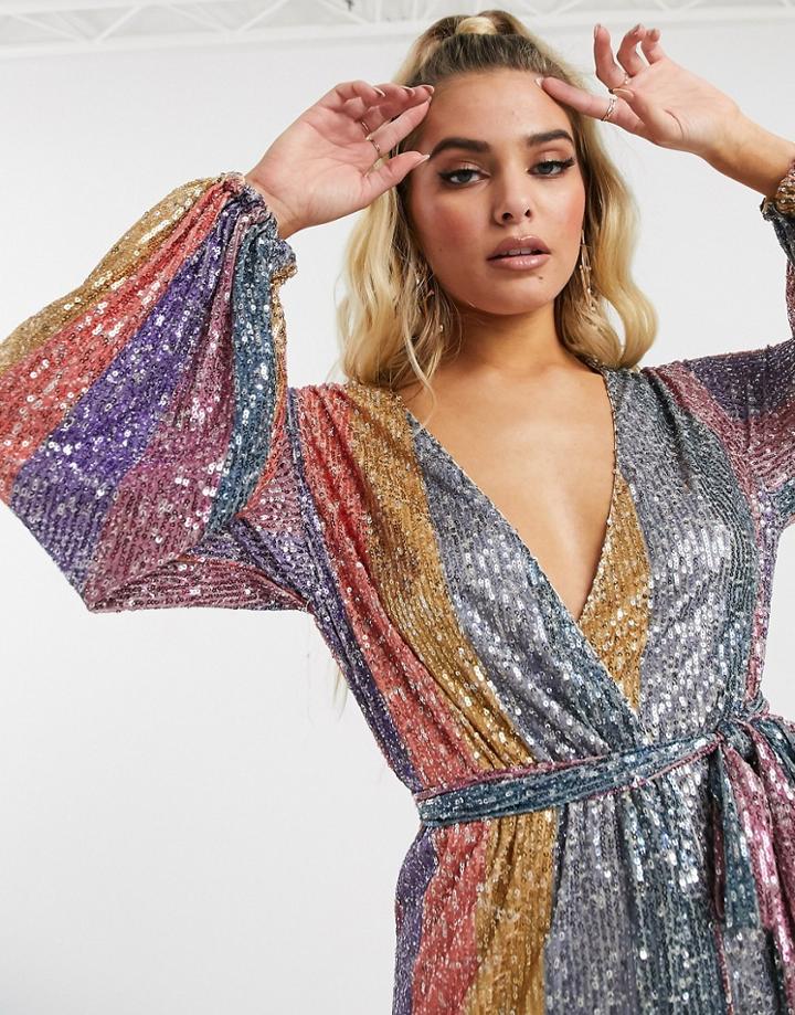 Club L London Sequin Wrap Front Mini Dress With Belt Detail In Multi Stripe