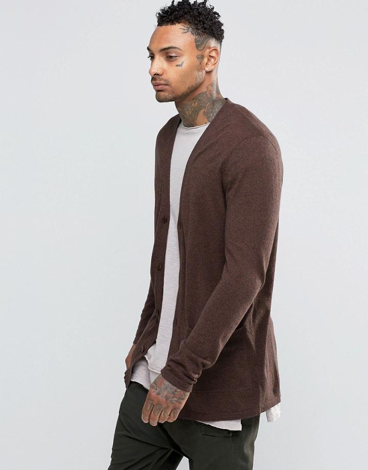 Asos Longline Cardigan In Navy & Tan Twist Cotton - Brown
