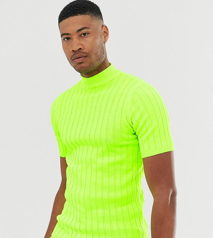 Asos Design Tall Knitted Ribbed Turtleneck T-shirt In Neon Green - Green
