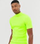 Asos Design Tall Knitted Ribbed Turtleneck T-shirt In Neon Green - Green