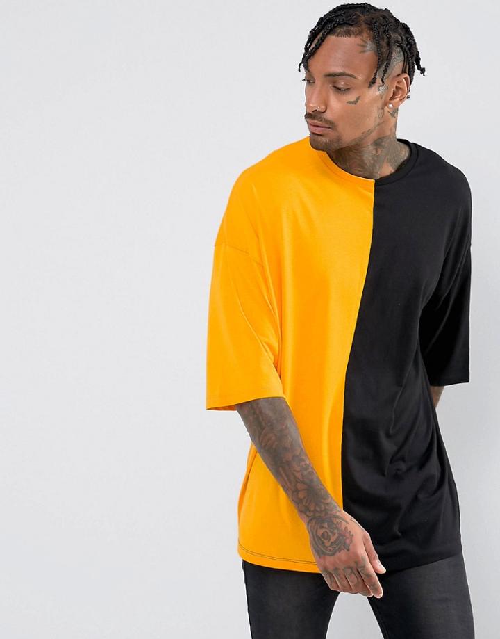 Asos Super Oversized T-shirt With Spliced Front In Yellow - Yellow