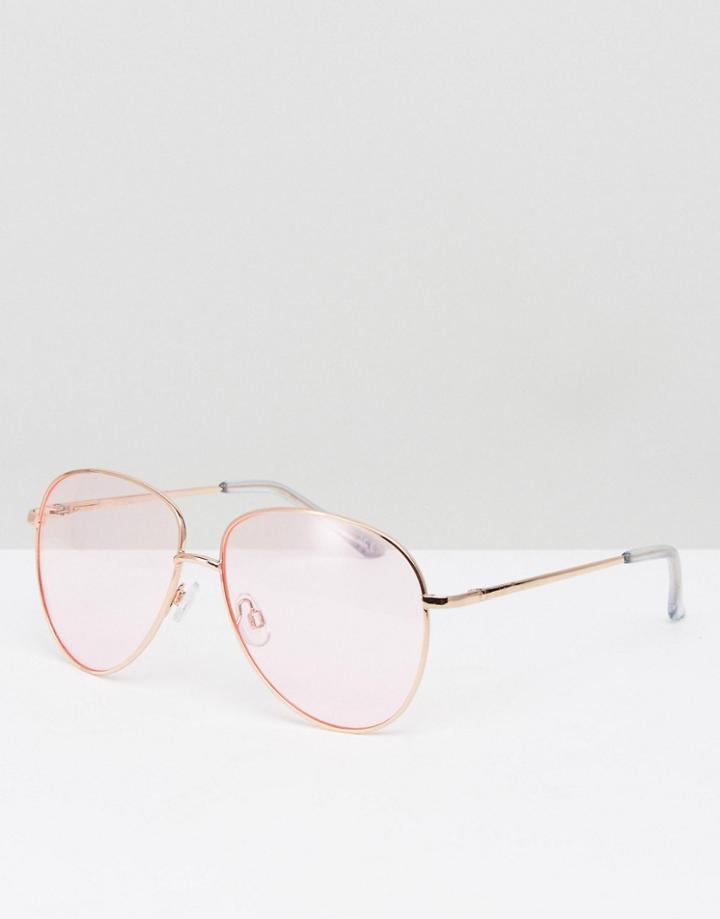 Asos Aviator Sunglasses In Gold Metal With Pink Lens - Pink