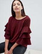 Ax Paris Sweater With Frill Sleeve Detail - Red