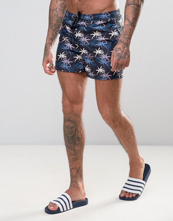 D Struct Swim Shorts With Tropical Palm Print - Gray