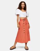 Topshop Belted Midi Skirt In Rust-brown