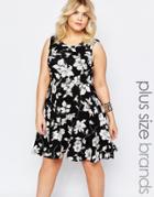 Praslin Plus Skater Dress In Illustrated Floral Print - Black