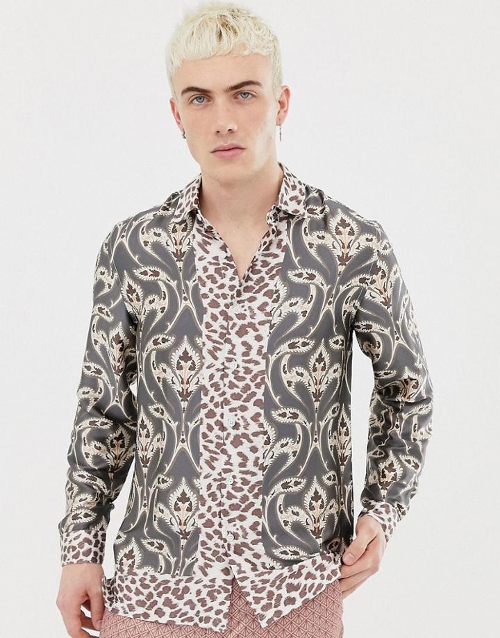 Asos Design Regular Fit Satin Mix & Match Paisley Print Shirt-gray