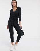 Asos Design V Neck Lounge Wear Jumpsuit With Tie Waist With Long Sleeve-black