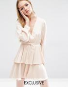 Reclaimed Vintage Deep V Dress With Tie Up Detail At Waist And Frill Detail - Nude