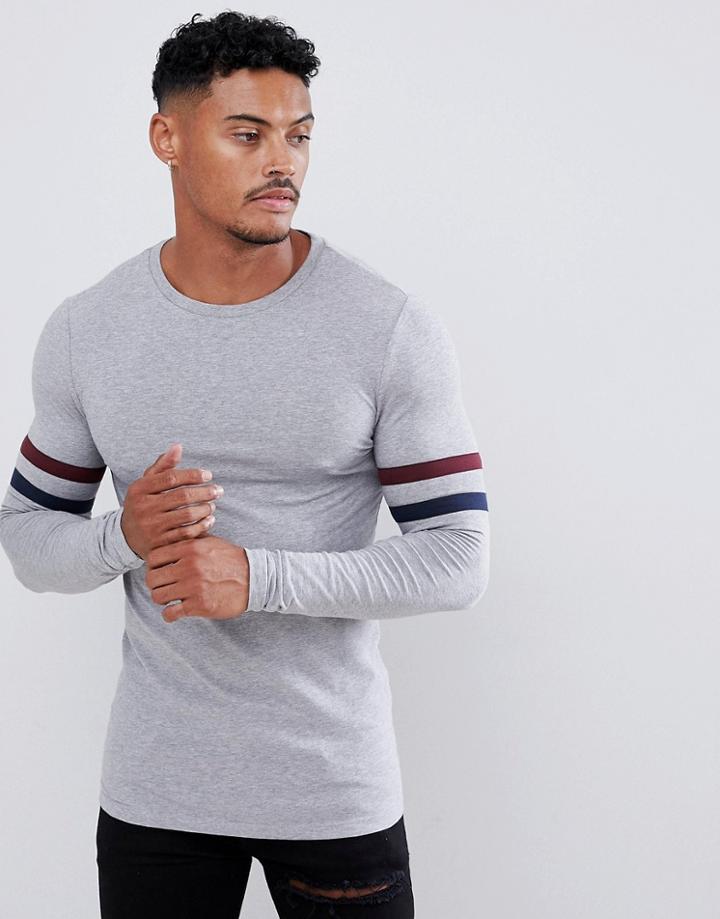 Asos Design Muscle Fit Long Sleeve T-shirt In Gray Heather Organic Cotton With Sleeve Stripe-grey