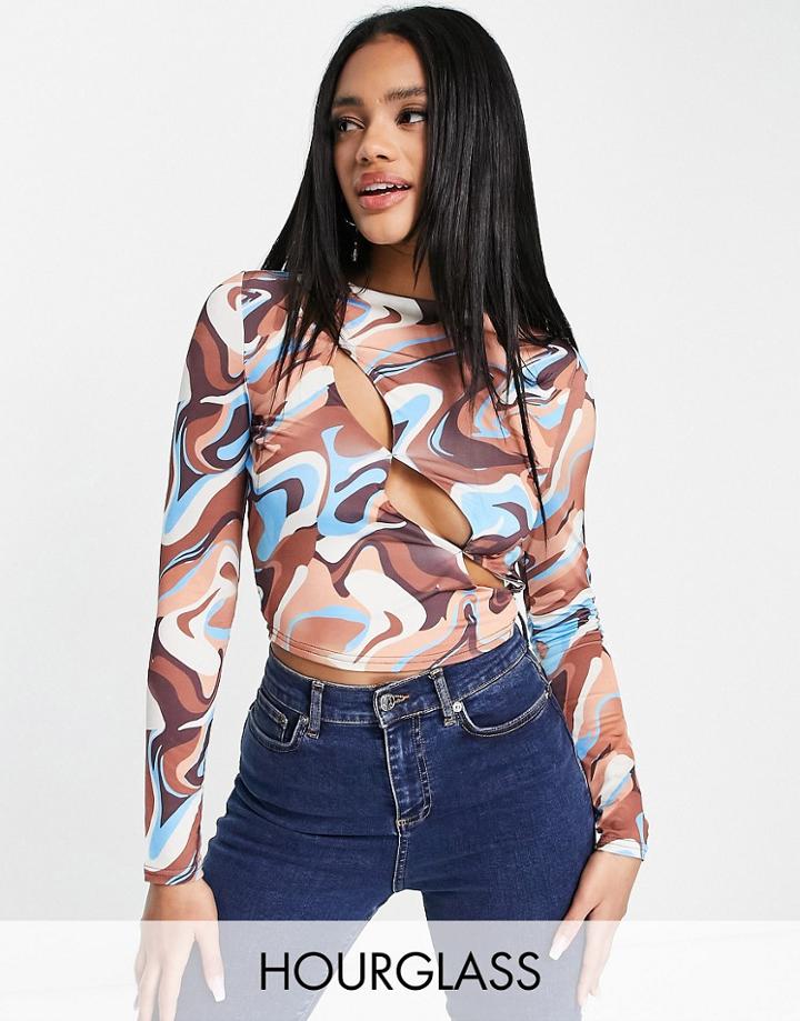 Asos Design Hourglass Crop Top With Long Sleeves With Asym Button Up In Marble-neutral