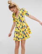 Asos Zip Through Tea Dress In Yellow Floral Print - Multi