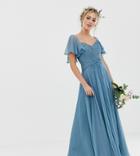 Asos Design Bridesmaid Pleated Bodice Maxi Dress With Flutter Sleeve - Blue