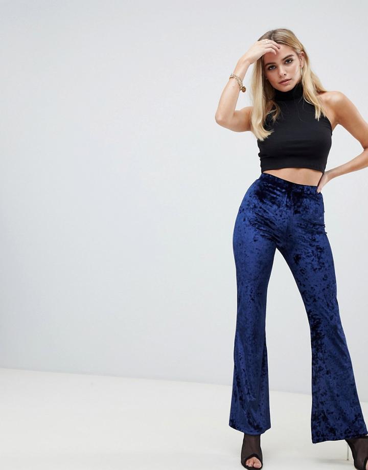 Asos Design Flare Pants In Velvet - Navy