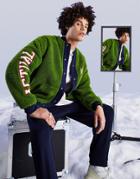 Asos Actual Oversized Bomber Jacket With Boucle Applique In Green