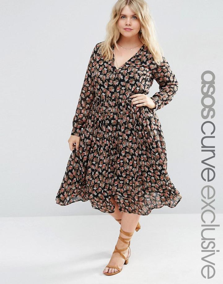 Asos Curve Ditsy Button Through Midi Dress With Long Sleeve - Multi
