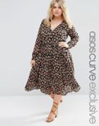 Asos Curve Ditsy Button Through Midi Dress With Long Sleeve - Multi