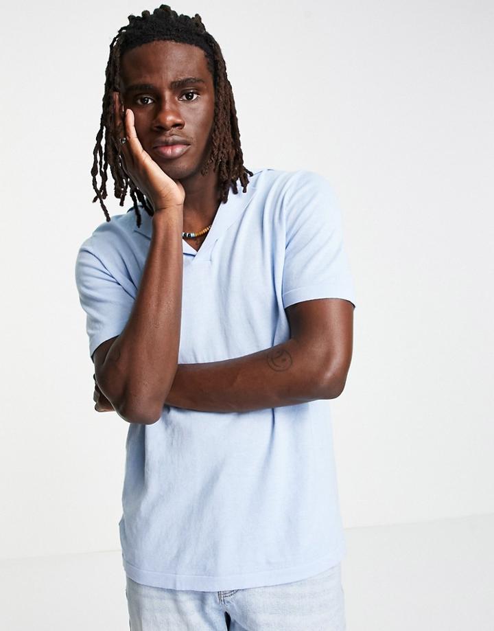 Asos Design Knitted Revere Polo T-shirt In Dusty Blue-blues