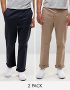 Asos 2 Pack Straight Chinos In Navy And Stone - Multi