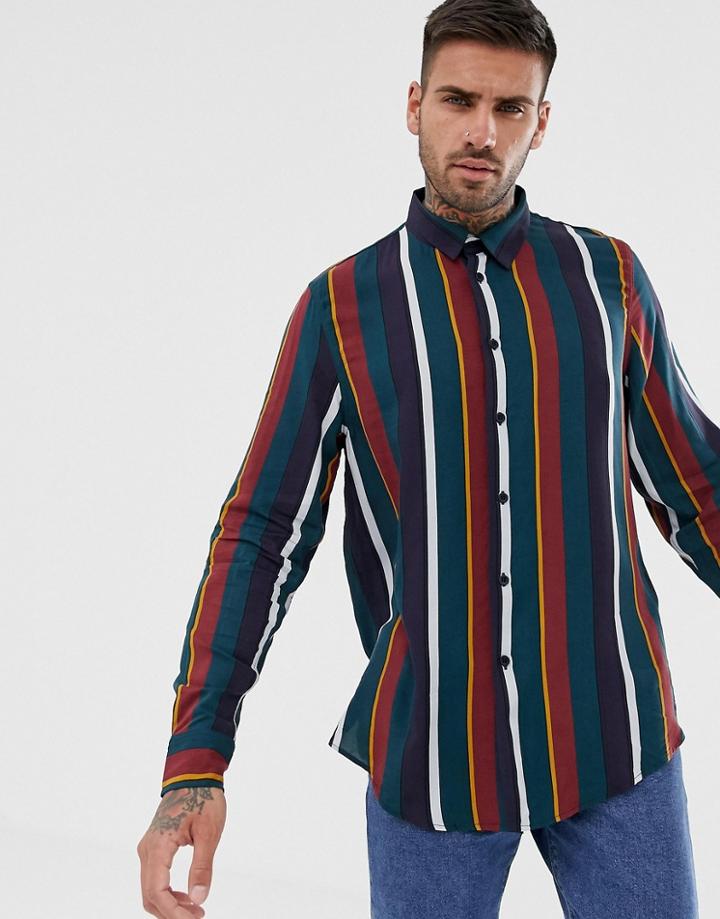 Bershka Striped Shirt In Dark Green With Relaxed Fit - Green