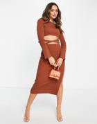 Asos Design Ribbed Sweater With Tie Waist Detail In Brown - Part Of A Set