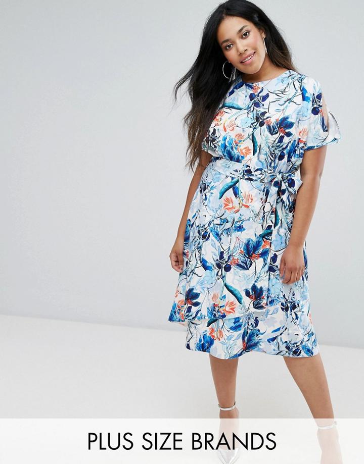 Closet Plus Cold Shoulder Floral Midi Dress With Tie Waist - Multi