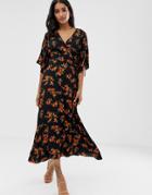 Liquorish Maxi Wrap Dress With Tie Waist Detail In Ditsy Floral Print-black