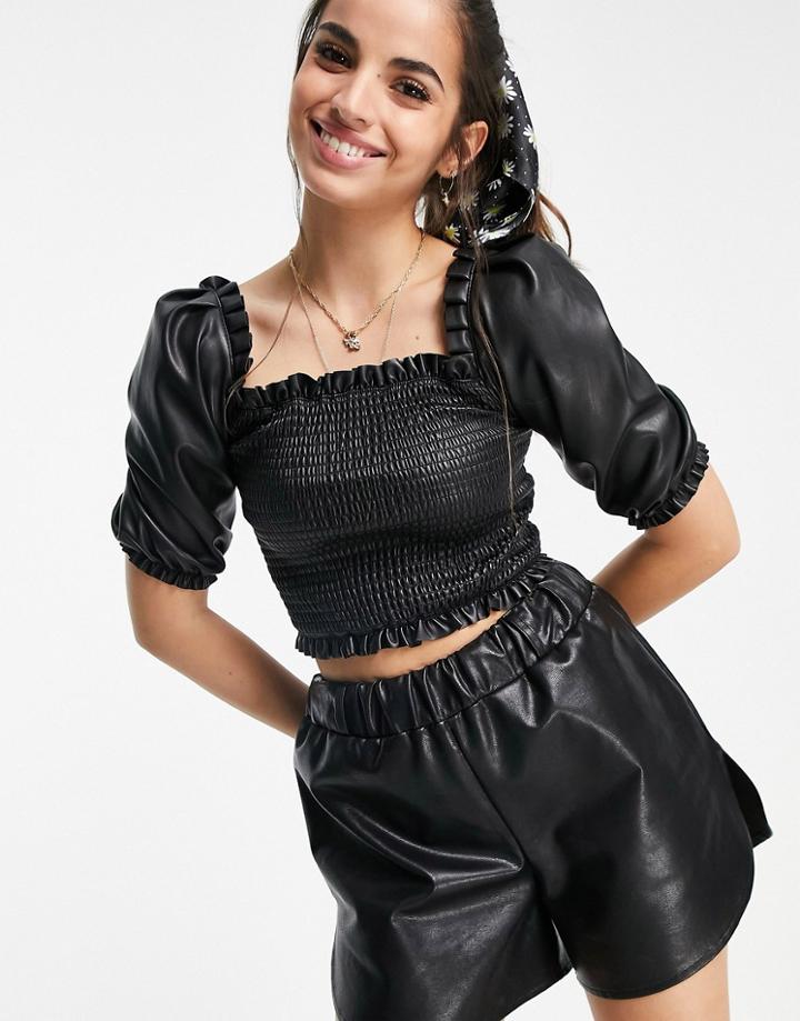 Miss Selfridge Faux Leather Sheered Top In Black