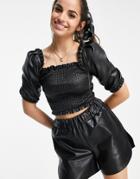 Miss Selfridge Faux Leather Sheered Top In Black
