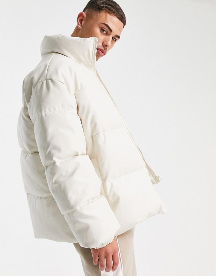 Topman Faux Leather Puffer Jacket In Ecru-white
