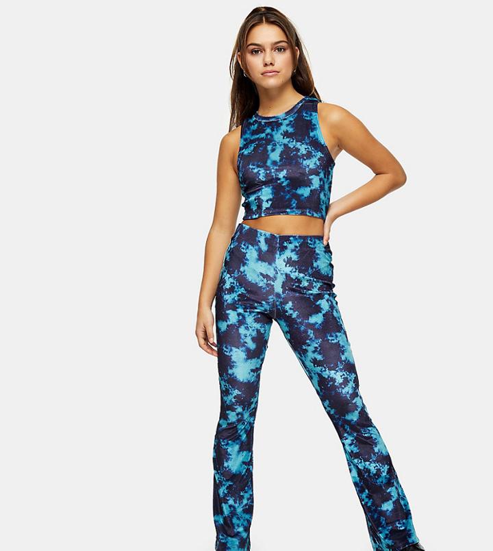 Topshop Petite Velvet Flared Tie Dye Pants Co-ord In Blue