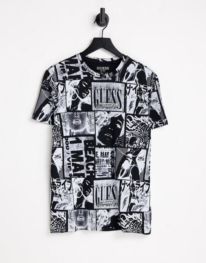 Guess Slim Fit T-shirt With All Over Photo Print In Black