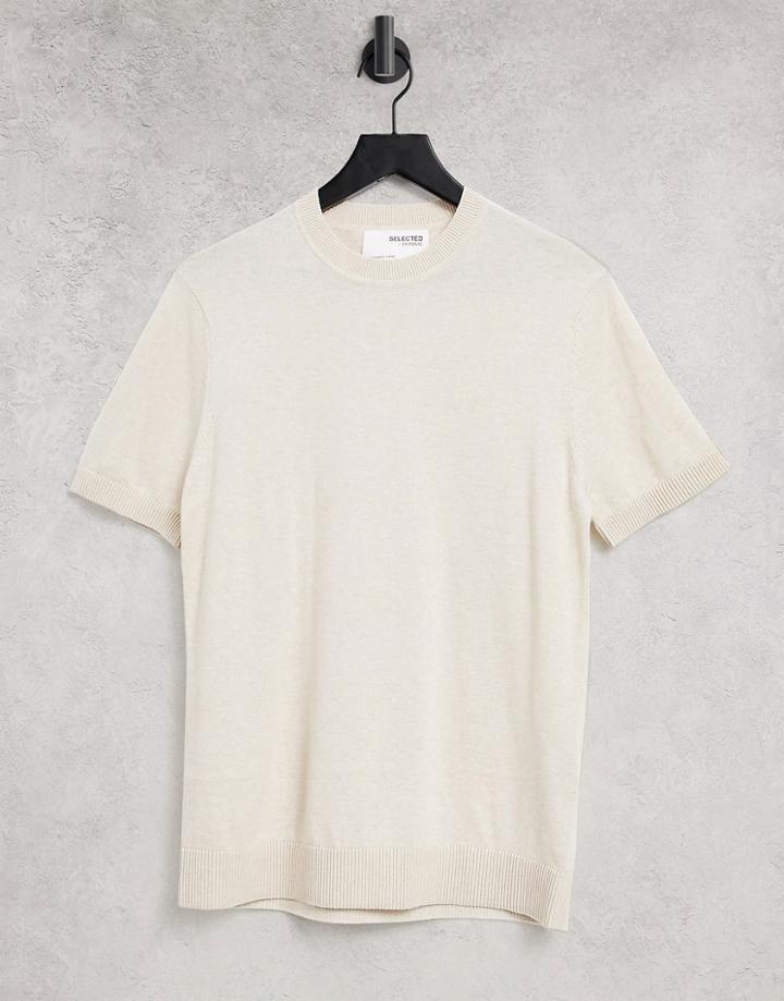 Selected Homme Knitted Cotton T-shirt In White